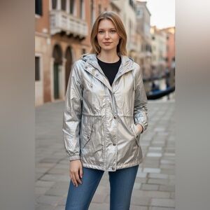 $209 NWT Ralph Lauren Women XL Silver Foil Metallic Hooded Jacket Windbreaker